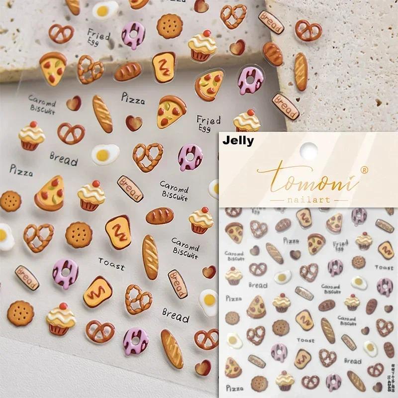 Cartoon Cute Bear Pudding Pretzel Bread Croissant Cookies Shiny 3D Self Adhesive Nail Art Stickers Bakery Lovely Manicure Decals