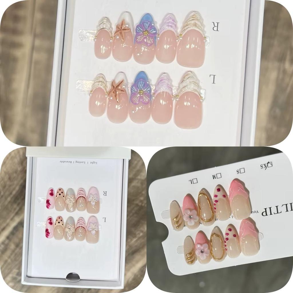 10 Pcs French Almond Fake Nails Light Pink Flower Decor Stick On Manicure Simple Fashion Wearable Nails For Women