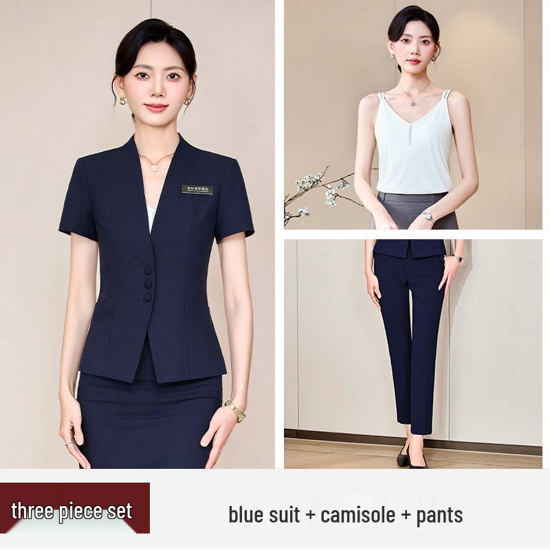 Women's Blue Short-Sleeve Professional Suit Set for Hotel Manager or Receptionist - Spring/Summer Formal Workwear