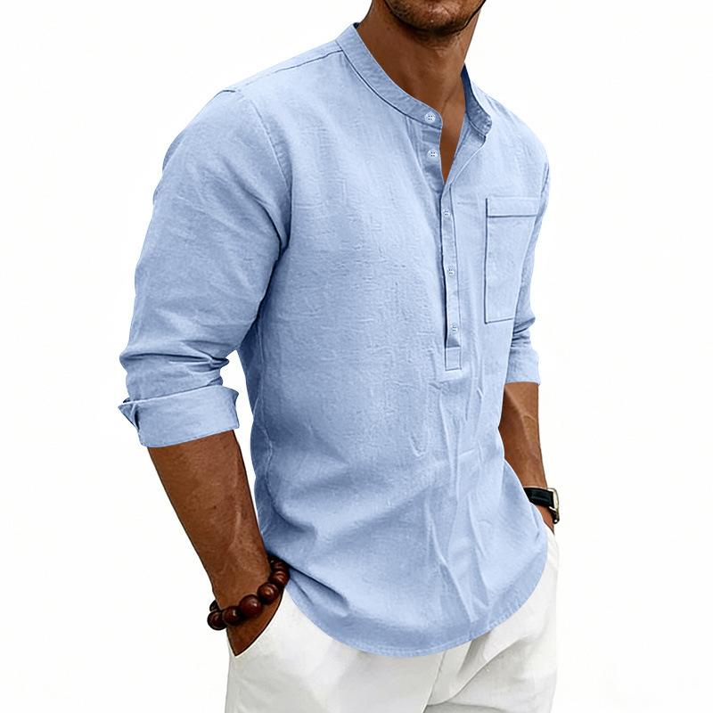 Mens Linen Casual Long Sleeve Stand Collar Shirt S синий