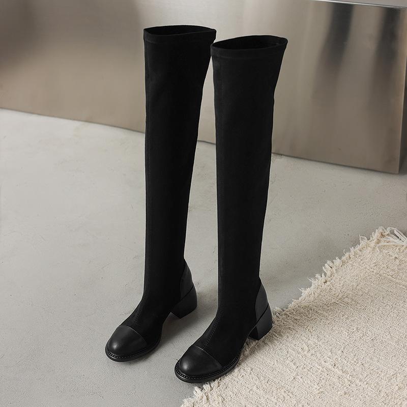 Elastic Splicing Suede Over Knee Boots Sexy Pantless Show Boots Thick High Heel Boots 33-43 Large Size Boots