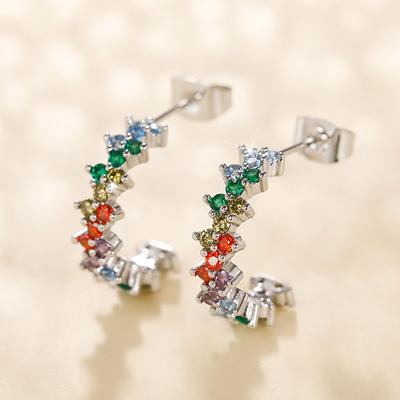 New Fancy Rainbow Color Hoop Earrings for Women Silver Color Dazzling CZ Simple Stylish Female Earrings Gift Fashion Jewelry