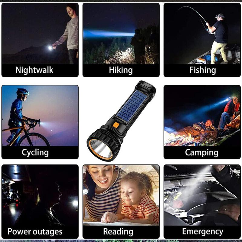 Led Solar Tactical Flashlight 1200mah Rechargeable Battery Waterproof Outdoor Camping Emergency