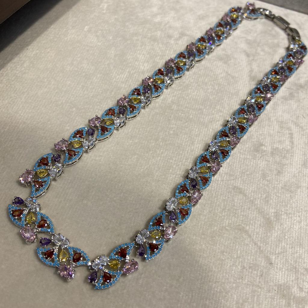 Color Treasure Necklace Jewelry Ancient Gold-Plated Hand-Carved Colored Gemstones Full Of Diamonds Droplets Zircon Exquisite Light Luxury Necklace