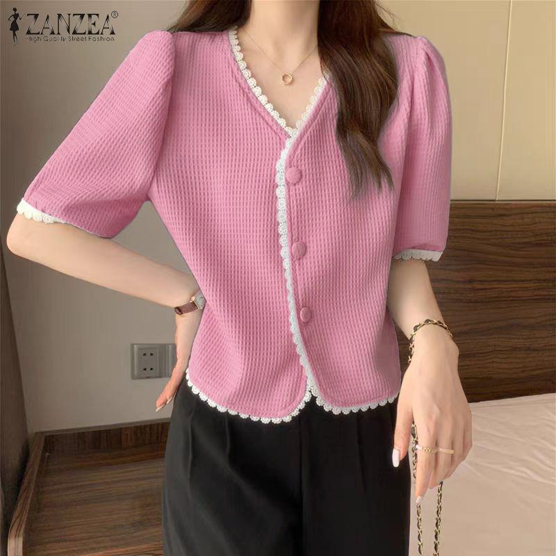 ZANZEA Women Casual Lace Splice V-Neck Summer Half Sleeve Blouse