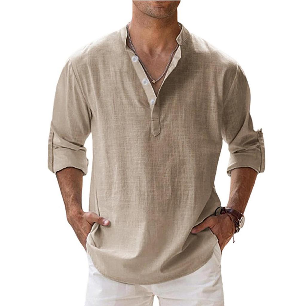 Men's Casual Loose Stand,up Collar Sweatshirt, Men's ,color Long,sleeved Cotton And Linen Shirt Top