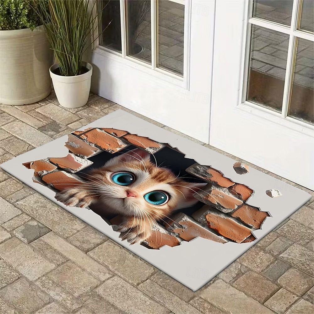 Cute Countryside Cat Printed Doormat Vintage Ethnic Style Cute Hole 2D Printed Carpet Living Room Bedroom Foyer Floor Mat