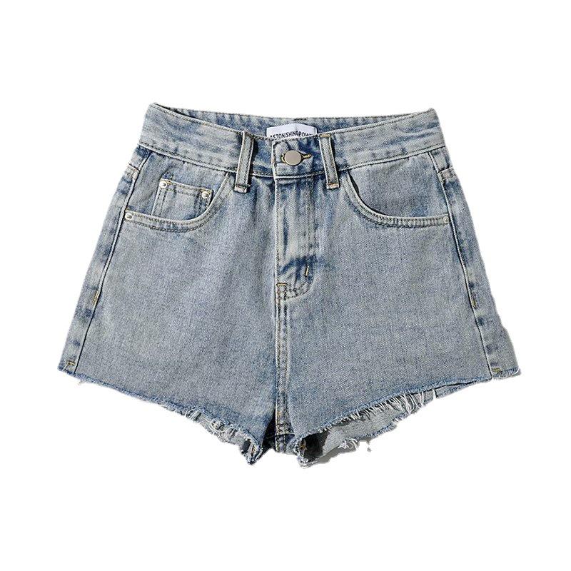 YPFF European & American High-Waist Distressed Denim Shorts for Women - Slimming, Raw Edge, Long Leg Style