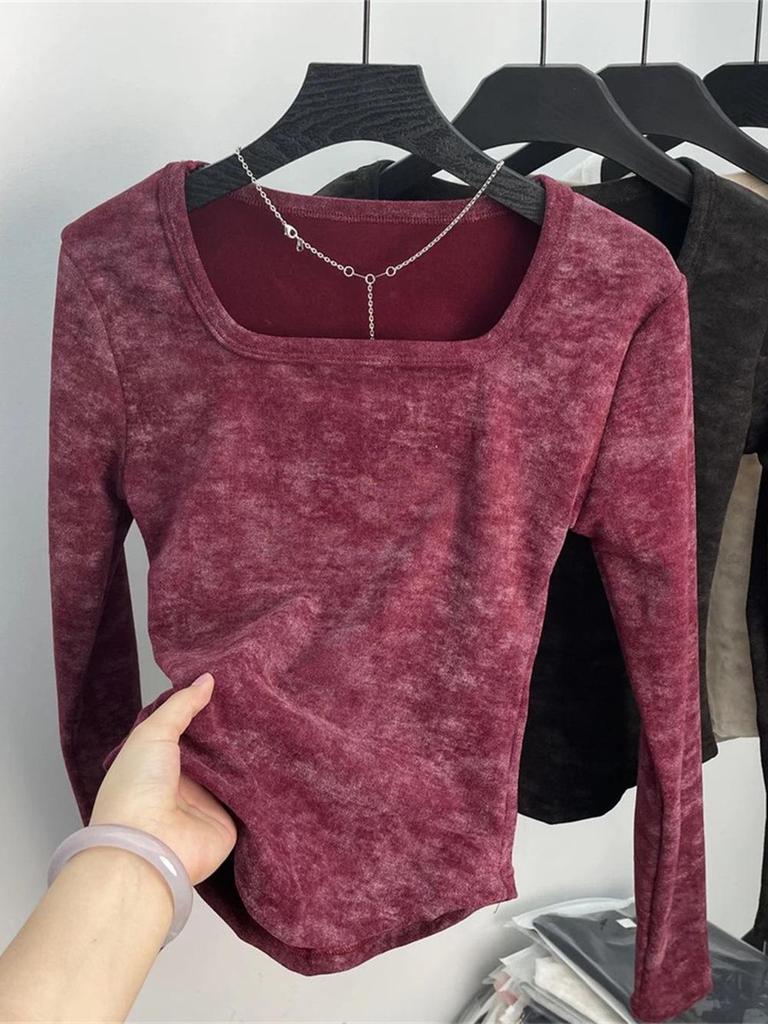 Women's French Square Neck Tie-Dye Thermal Slim-Fit Long Sleeve Top - Autumn/Winter New Arrival