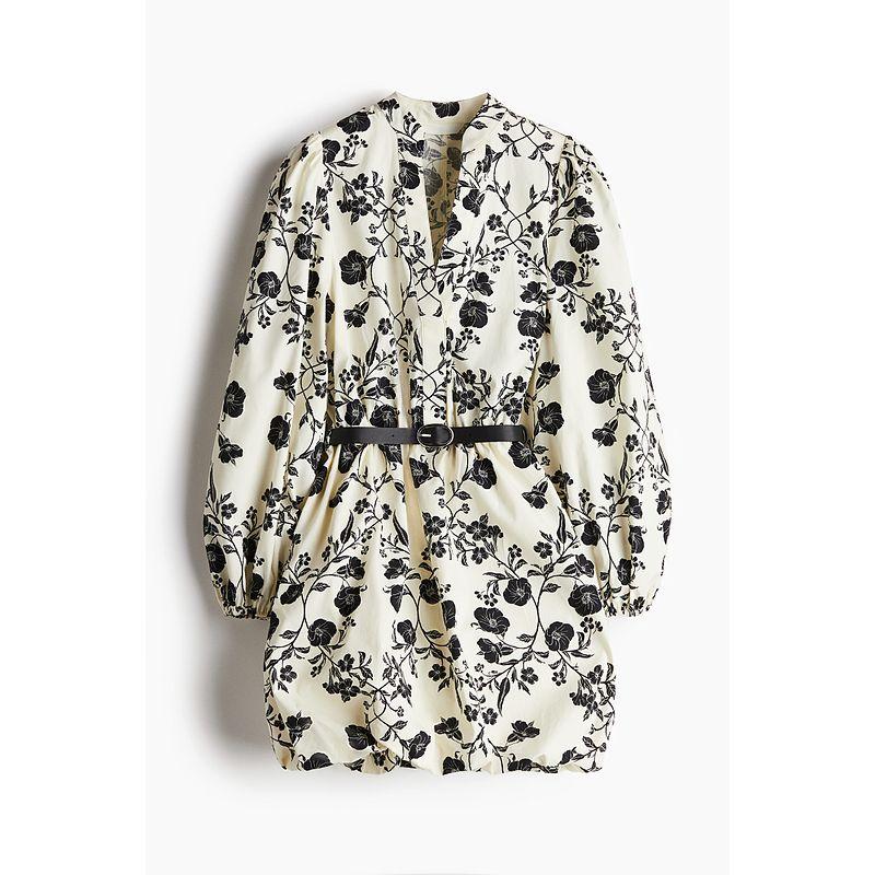 

HM Women s Clothing Florals Dress 2025 Autumn New Arrival with Belt Bubble Hem Stylish Floral Skirt 1272211 Cream/Florals 170/116