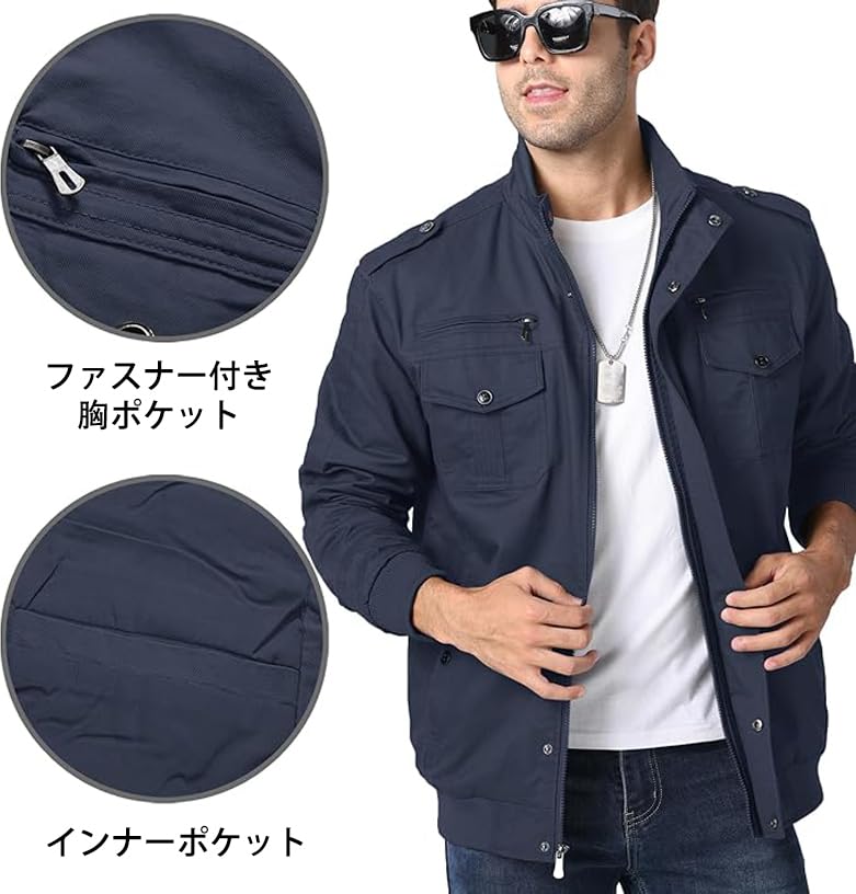 KEFITEVD Jaqueta de Inverno Casual Leve Estilosa do Exército com Tamanho Padrão Roupa de Primavera Jaqueta Masculina, Bolsos, Gola, Azul Marinho, 3XL, Roupa de Trabalho,
