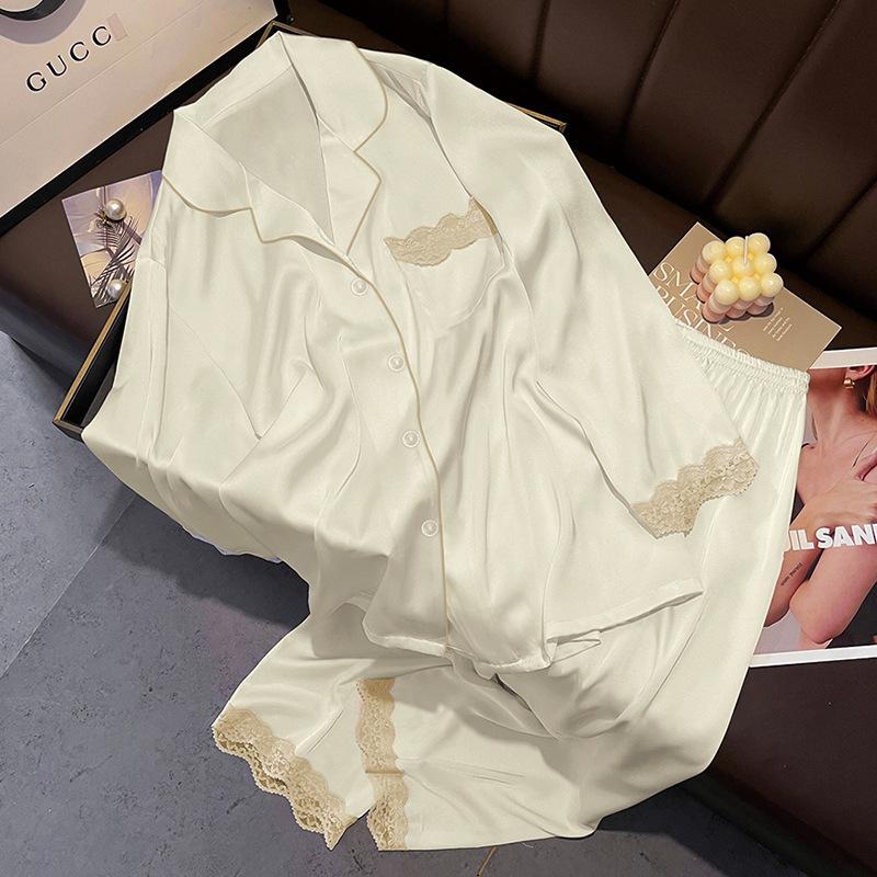 French Cute Cat Ice Silk Pajamas Women'S Spring And Autumn Sweet Wind Cool Long-Sleeved Loungewear Suit Can Be Worn Outside