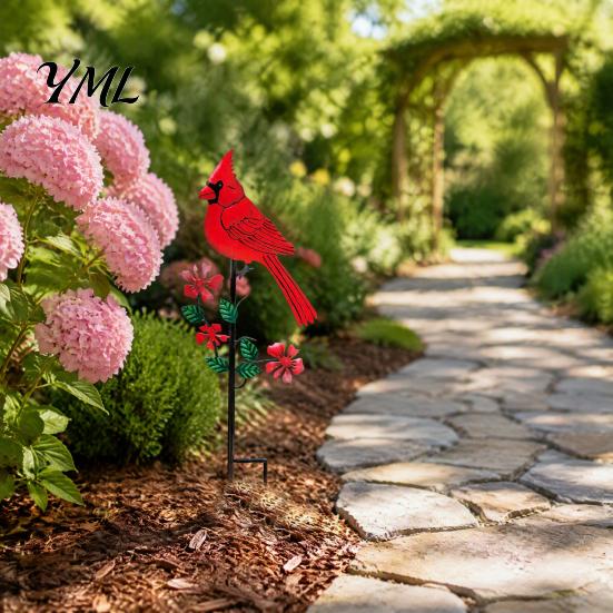 Backyard Patio Decorations Red Bird Garden Stake, Metal Cardinals Yard Art 2D Weather Resistant Lawn Flat Flowers Decoration for Outdoor Flower