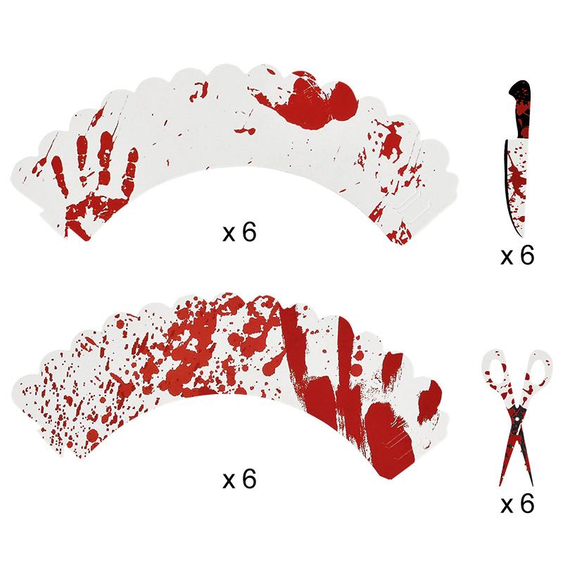 24/48Pcs Halloween Cupcake Topper Wrappers Bloody Knife Scissors Cake Decoration Halloween Birthday Party Supplies Baking Tools