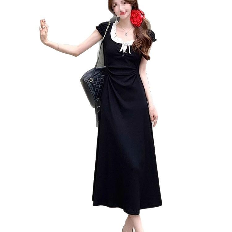 French Hepburn Style Fake Two-piece Short-sleeved Slim Temperament Black Slim-fit Knitted Dress Women's Summer Small Black Skirt