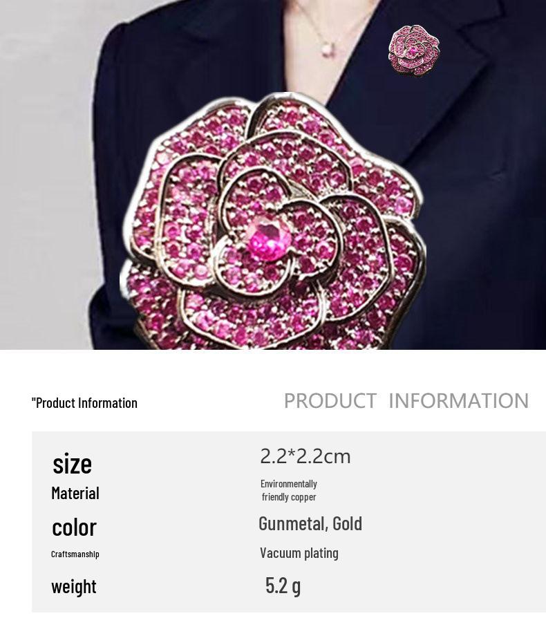 Camellia Brooch: Zircon-Inlaid Luxury Lapel Pin for Women