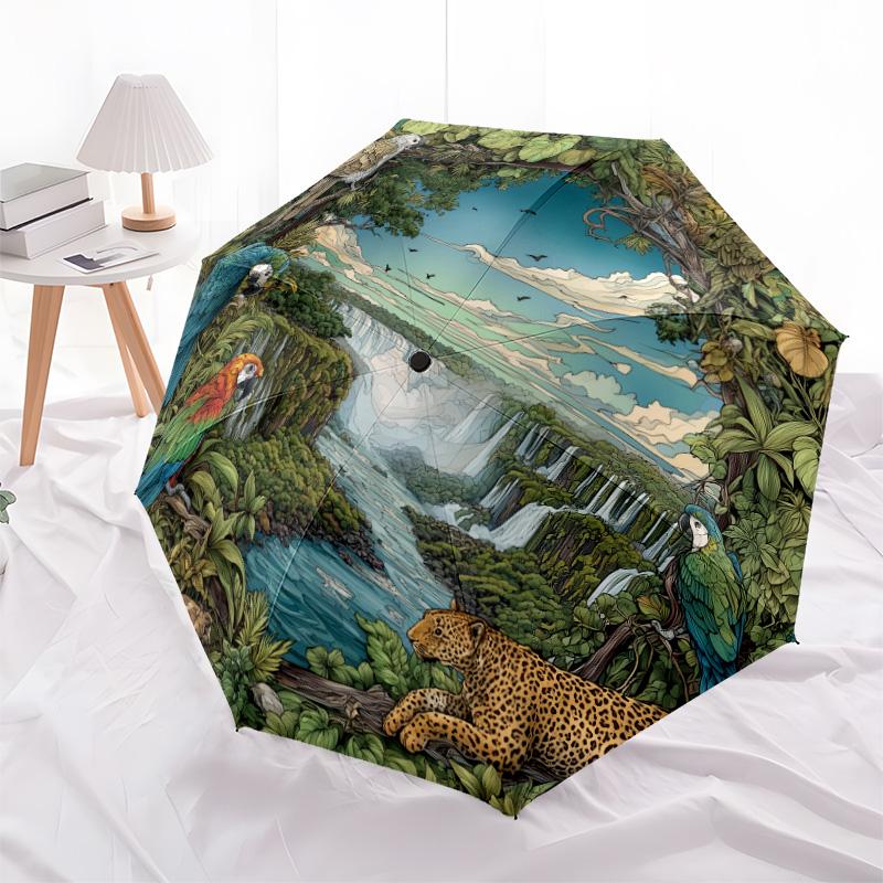 

Parrot Treasure pattern, automatic folding umbrella, portable and foldable design, 8 ribs, a Christmas or birthday gift.