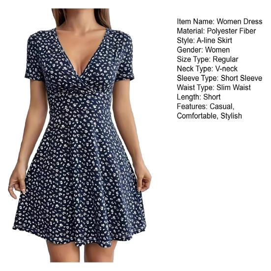 Women's Floral Print Mini Dress Short Sleeve V Neck Flowy Short Dress Summer Beach