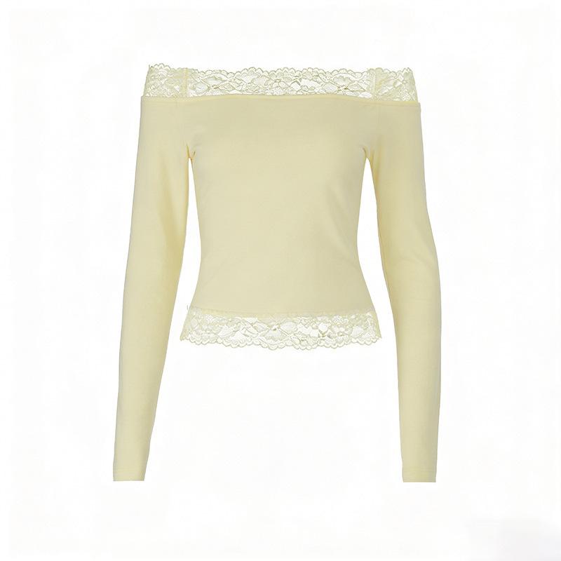 ins lace one-word shoulder pure desire top autumn and winter new Spice Girl long-sleeved European and American versatile top