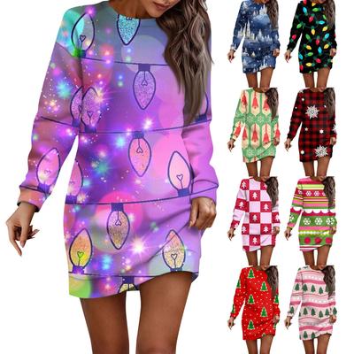 Long Sleeve Dress For Women Casual Christmas Printed Pullover Hip Pack Dress Sweater Dress Autumn