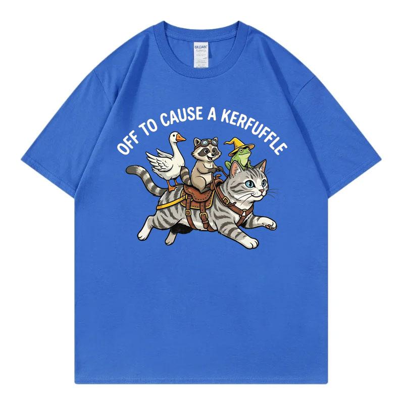 Off To Cause A Kerfuffle Funny Meme TShirt Frog Raccoon Goose Riding Cat Graphic T Shirts Unisex Unisex Fashion Cartoon TShirts