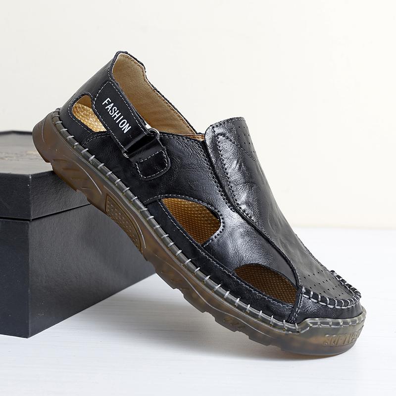 

Fashion Retro Style Men Leather Sandals Comfortable Summer Soft Hollow Out Loafers Handmade Casual Flats Stylish Beach Vacation Sandals 47 чёрный