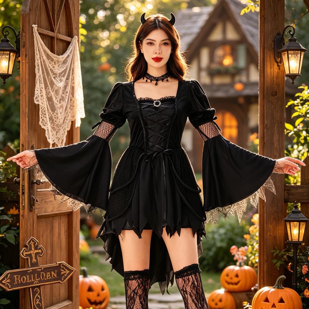 Halloween Witch Costume Black Gothic Dress Stage Performance Costume Mori Witch Hat Performance Costume