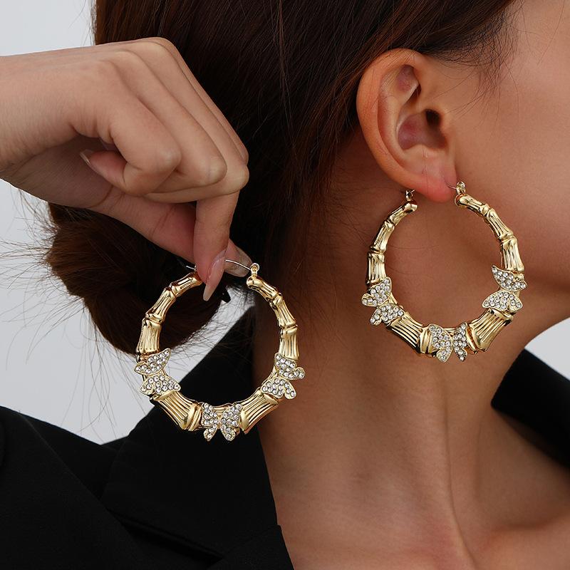 Fashion temperament exaggerated earrings, personalized butterfly diamond-set circle earrings, stud earrings for women