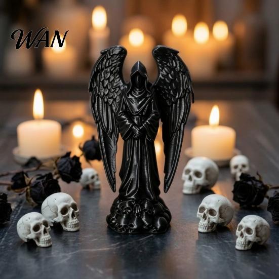 Gothic Angel Decor 3D Printed Sculpture Decoration, Dark Decoration with Detailed Feather Texture, Matte Black Figurine for Home Office Halloween Gift