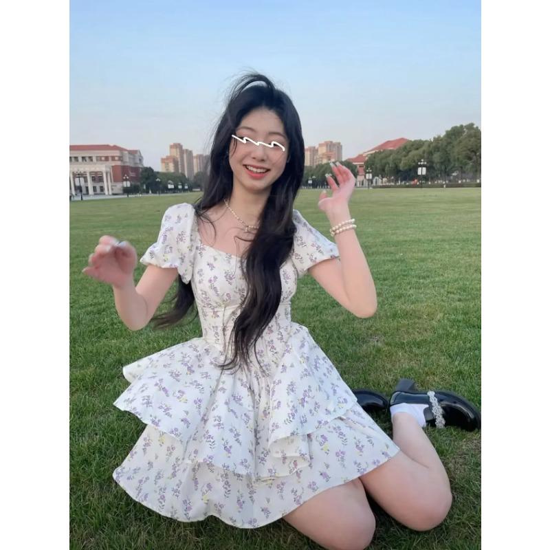 Preppy Style Dresses for Women Lovely Girls Fashion Floral Design Mini Sweet Chic Korean Young Summer Clothing All-match Casual