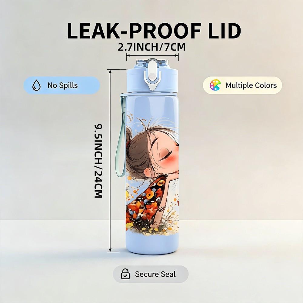 1PC Little Girl Oriental Style Art Print 750ml Color Plastic Sports Water Bottle Leakproof Flip Straw Lid Suitable for Sports Office Home Use