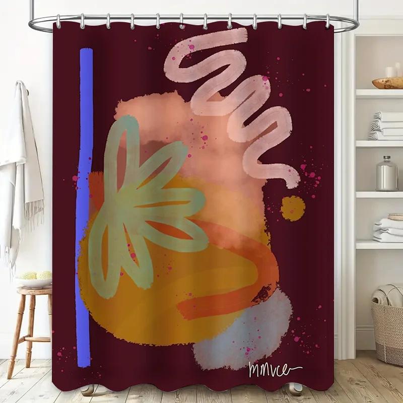 

Modern Bathroom Shower Curtain With Abstract Artwork Vivid Colors For Home Decor In Burgundy Red Yellow W60H190(CM)-1 Pcs