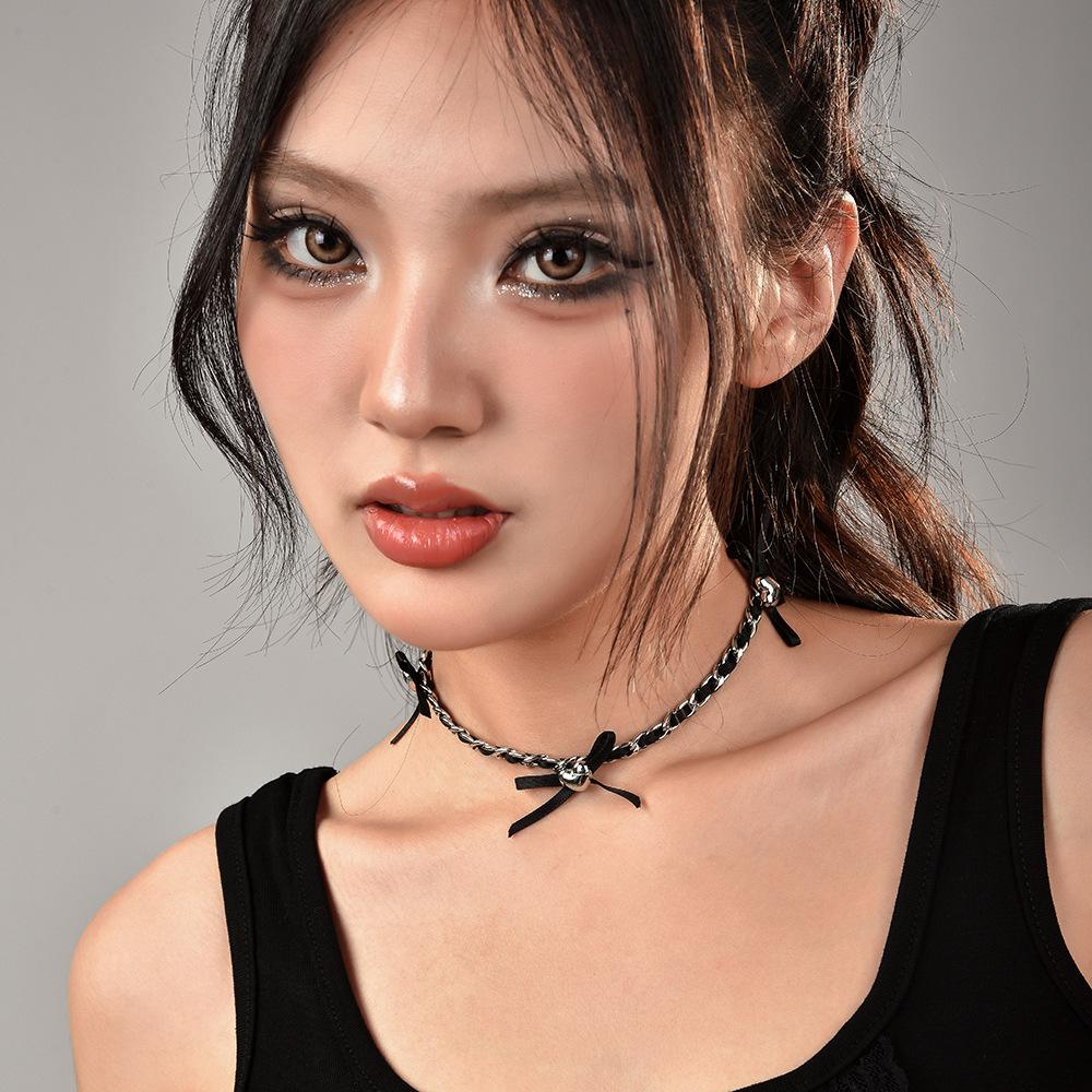 Love Bow Metal Chain Necklace Women'S 2024Chocker Neck Chain Leather Butterfly
