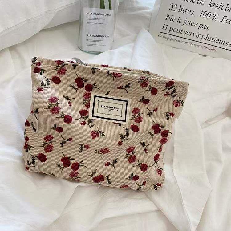 

Women Cosmetic Bag Floral Makeup Case Organizer Korean Embroidery Cosmetic Pouch Travel Toiletry Bag Corduroy Canvas Beauty Case