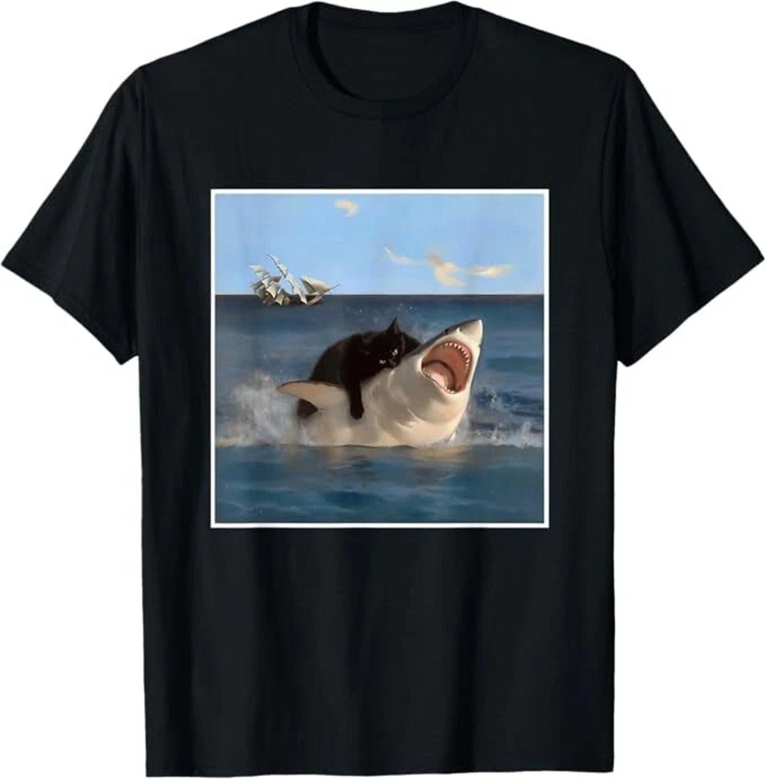 Funny Cat Biting Shark Art Cat Lover Graphic T-Shirt L