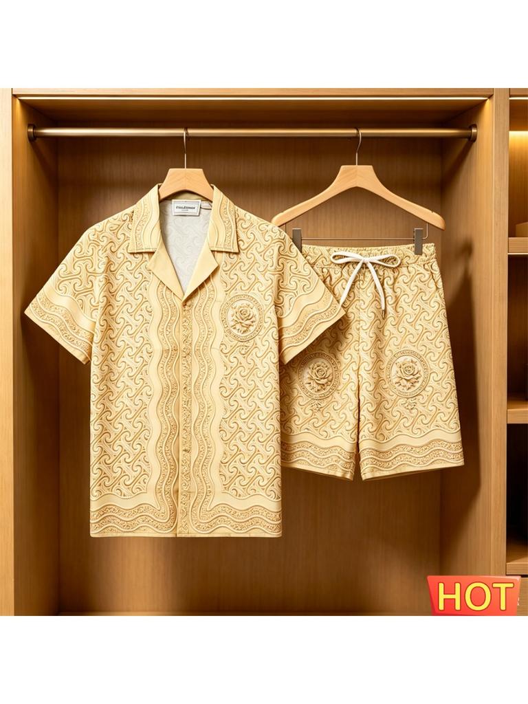 Gradient Pattern Shirt and Shorts Set Summer Men’s Hawaiian Vacation Shirt Set Breathable Men’s Casual Two-Piece Set
