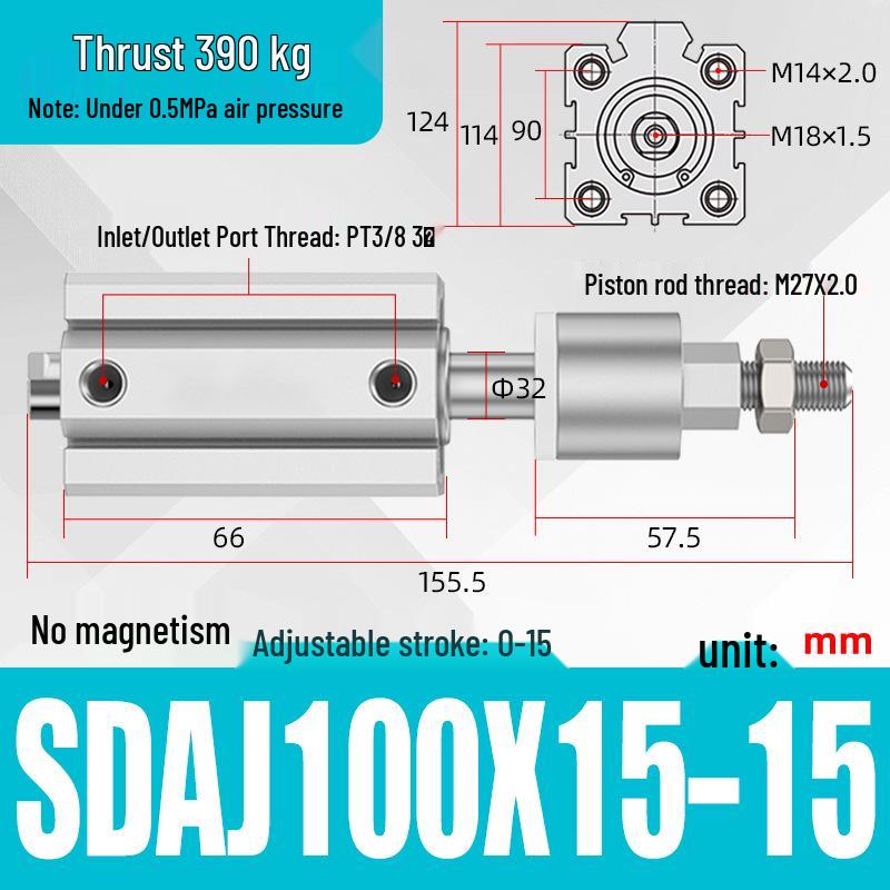Adjustable Stroke Pneumatic Thin Cylinder - Piston Rod Sizes: 16/20/25/32/40/63