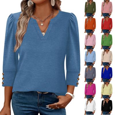 Women Casual V Neck Loose Fit Top Three Quarter Sleeve Button Cuff Blouse Lightweight Comfortable Fabric