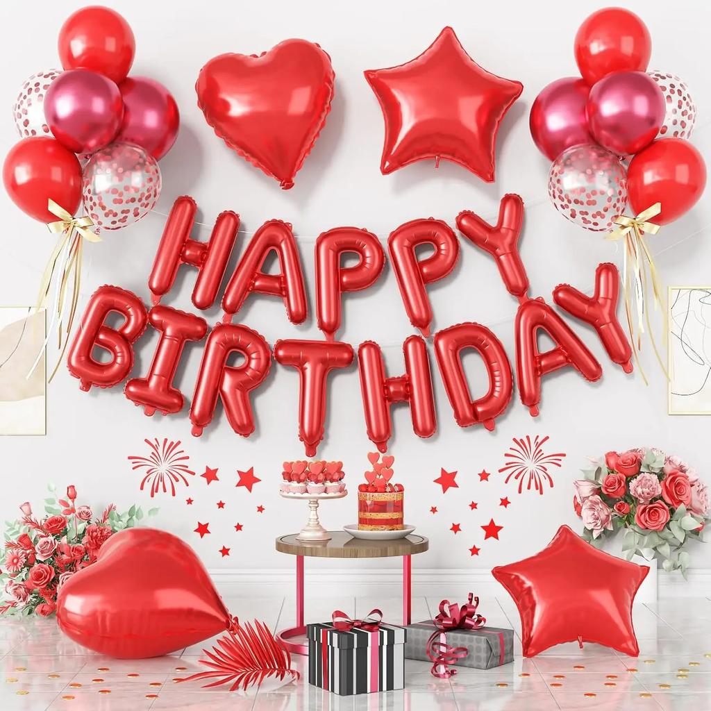 23pcs Red Happy Birthday Letter Balloons Set Love Pentagram Aluminum Film Balloon for Birthday Party Valentine's Day Decoration