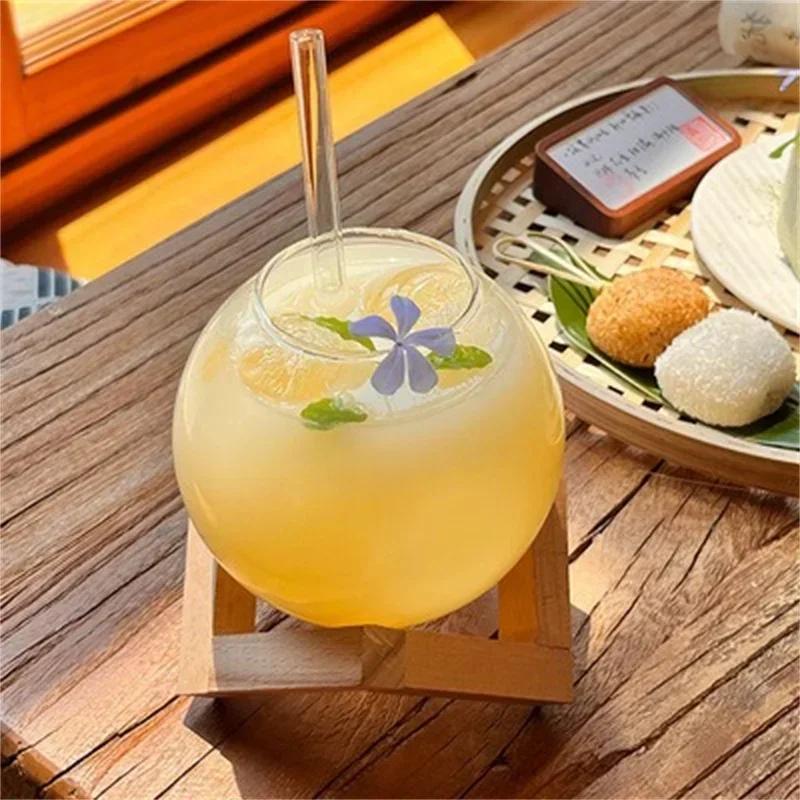 Bicchiere da Cocktail a Sfera Rotonda con Supporto in Legno Cannuccia Trasparente Palla Lunare Bicchieri da Succo per Bevande Fredde Bicchiere da Spiaggia per Vacanze