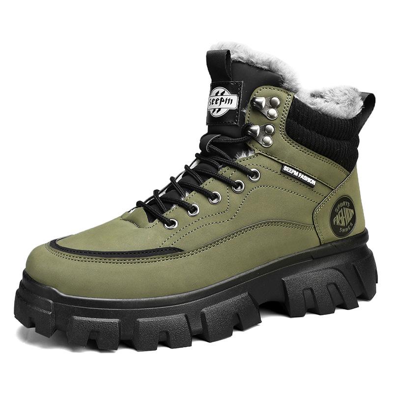 

Чоловічі зимові кросівки-хайтопи на хутрі для хайкінгу, вуличні повсякденні тактичні черевики сліпони на шнурівці, теплі снігові черевики, короткі ботильйони 44 зелений