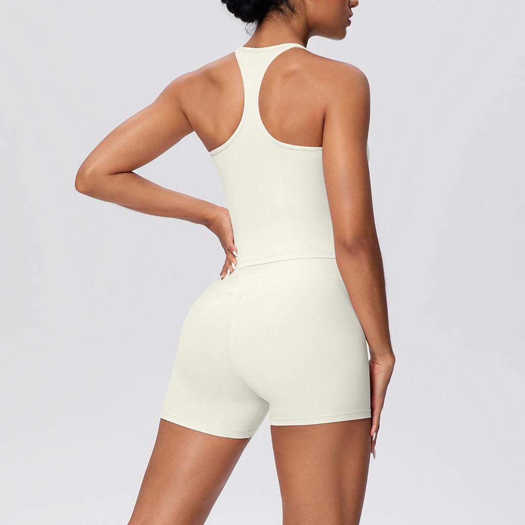 Set Yoga da Donna Transfrontaliero con Spalline Sottili, Vita Alta, Top che Scopre la Schiena e Pantaloncini Aderenti