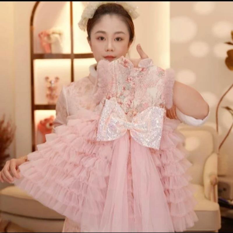 2026 New Year Girls' Floral Retro Chinese Style Padded Vest Dress