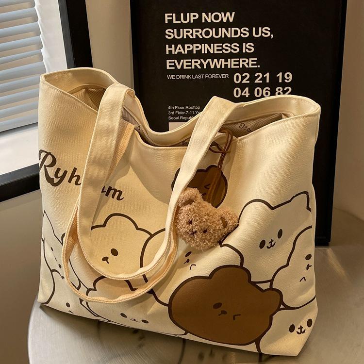 Women's Large Casual Canvas Tote - Summer Cartoon Bear Design for College & Commute