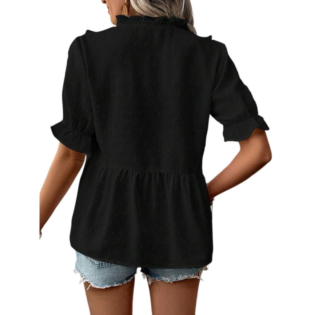 Womens Summer Casual Loose Blouses V-Neck Puff Sleeve Shirt