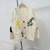 V Neck Long Sleeves Pockets Ribbed Trim Knitted Coat Winter Embroidery Letter Pattern