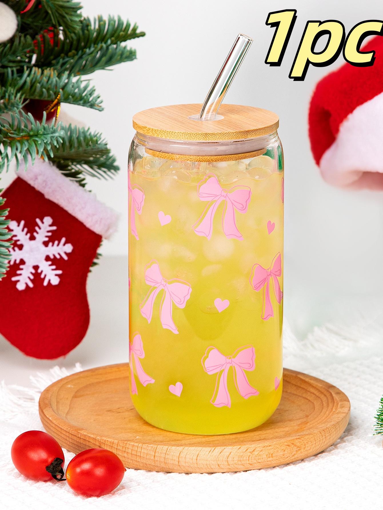 

500 мл милый бант стеклянная чашка рождественская любовь вишневый узор граффити бутылка для воды кофейные чашки с крышками соломенная щетка праздничная посуда для напитков 500ml