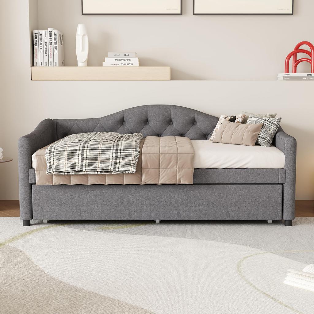 Schlafsofa Polsterbett 90 x 200 cm, Ausziehbares Bettsofa, mit ausziehbarem Bett, Leinen minimalistisches Styling Ohne Matratze