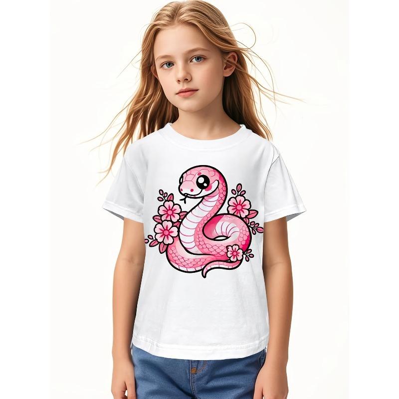 European Sizes Kawaii Pink Snake and Flowers Year of Snake Funny Awesome Graphic Kid T-Shirt | Casual Streetwear Tees Tops for Kids