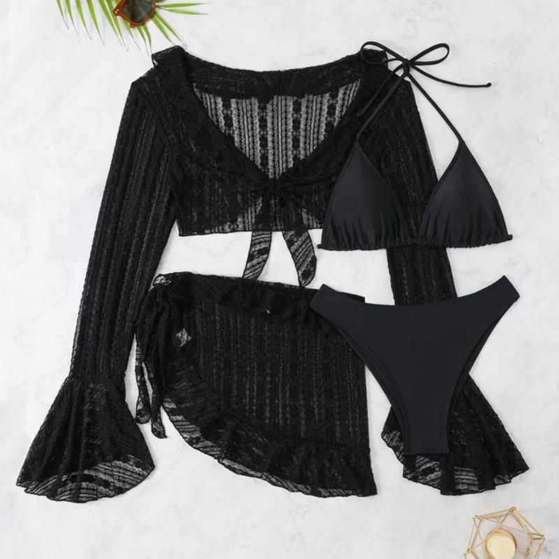 Sexy Four-piece Women Swimsuit Long-sleeve Cover-up Swimwear Summer Solid Bikini Set Brazilian Beachwear Party Bathing Suit